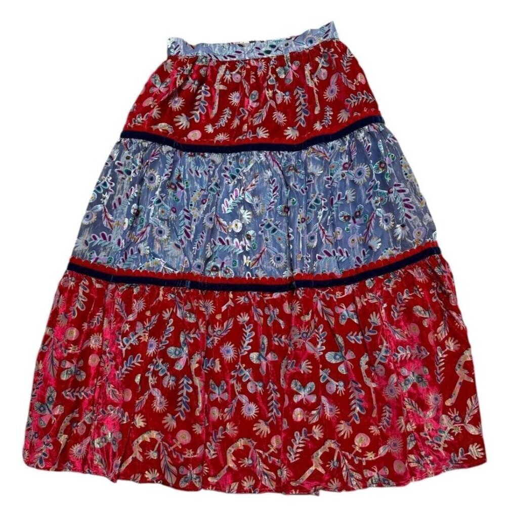Celia B Sz L Skirt Tiered Blue Red Velvet Floral Midi Boho Hippie Prairie Retro